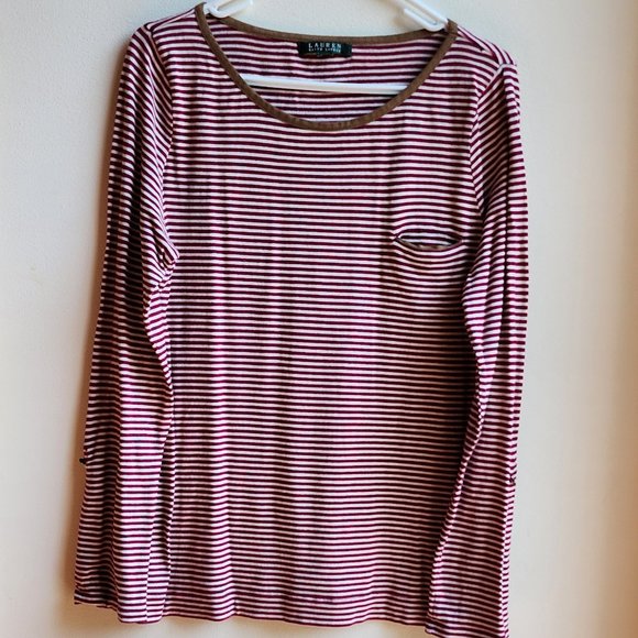 Lauren Ralph Lauren Red/White Pinstriped Scoop Neck Jersey Size Large - Picture 2 of 16